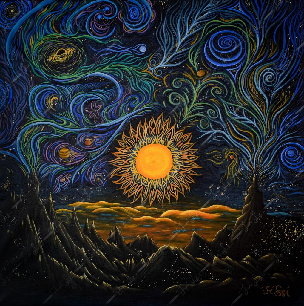 Clashing Elements By Jani Sydänsaari. A surrealistic painting of the sun in another galaxy. Sky has vibrant streaks of colours that collide and form swirls, waves and patterns. Planets, stars, blackholes, Sundial, mountains.