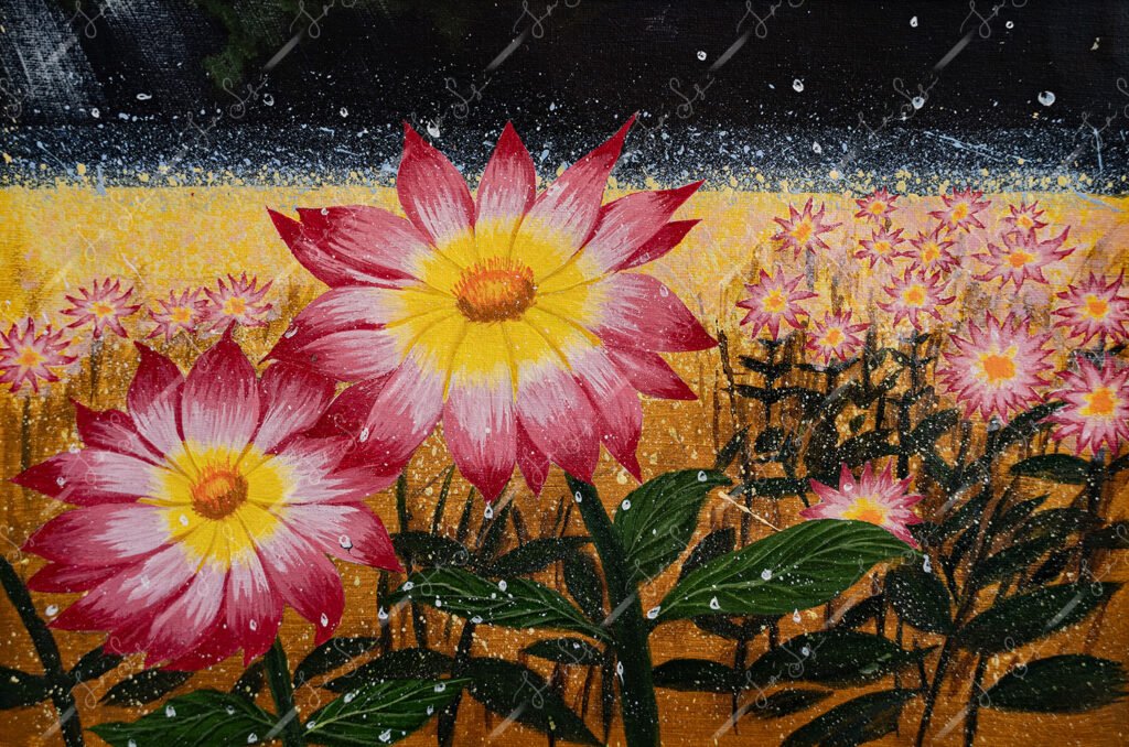 Flower Meadow By Jani Sydänsaari. An impressionist painting of a field of bright red/yellow flowers. Dominant Yellow and orange hues in the background. Small rain and water droplets on leafs.