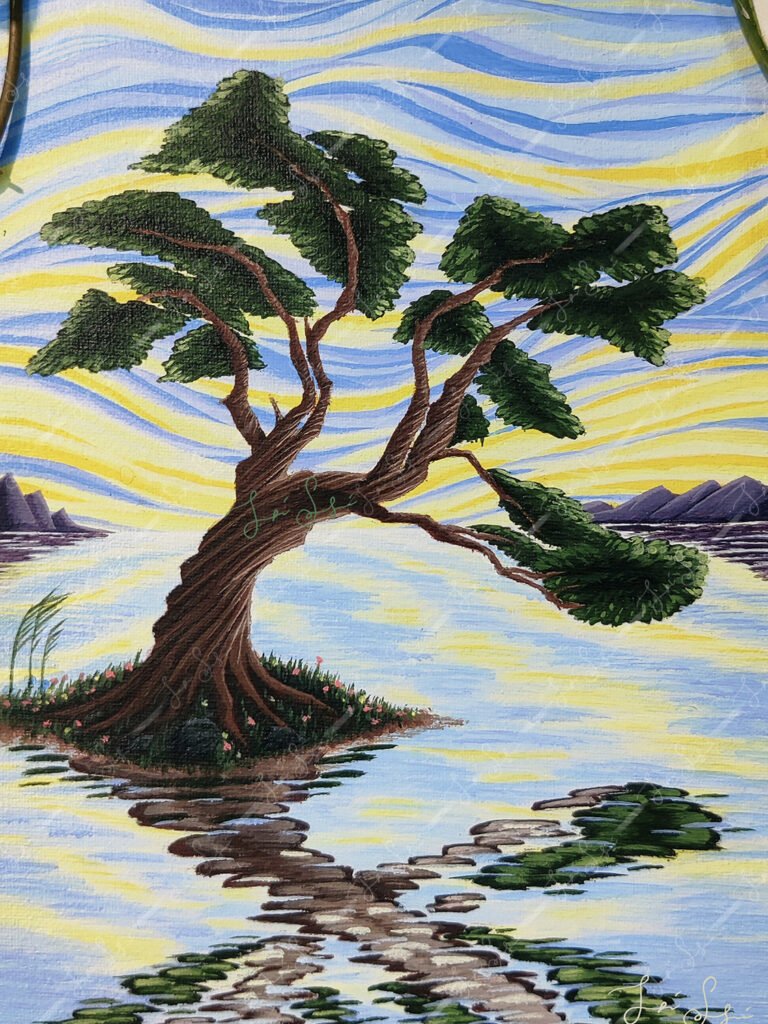 Lonely tree By Jani Sydänsaari. An expressionist painting of a leafy tree in a small island with flowers. Sky is yellow and blue striped reflecting in the ocean surface.